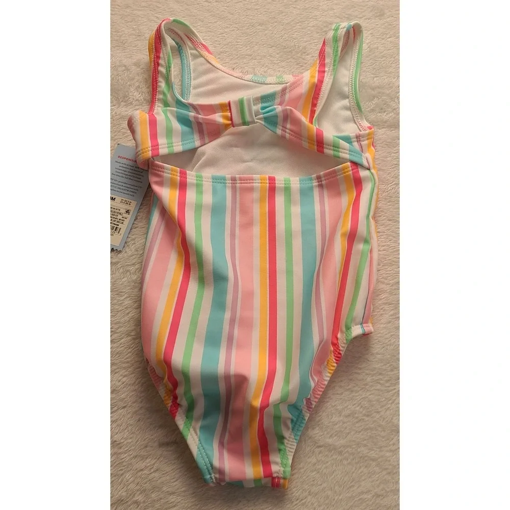 Cat & Jack Toddler Girls 18M Striped One Piece Swimsuit UPF 50+ Pink Teal NWT